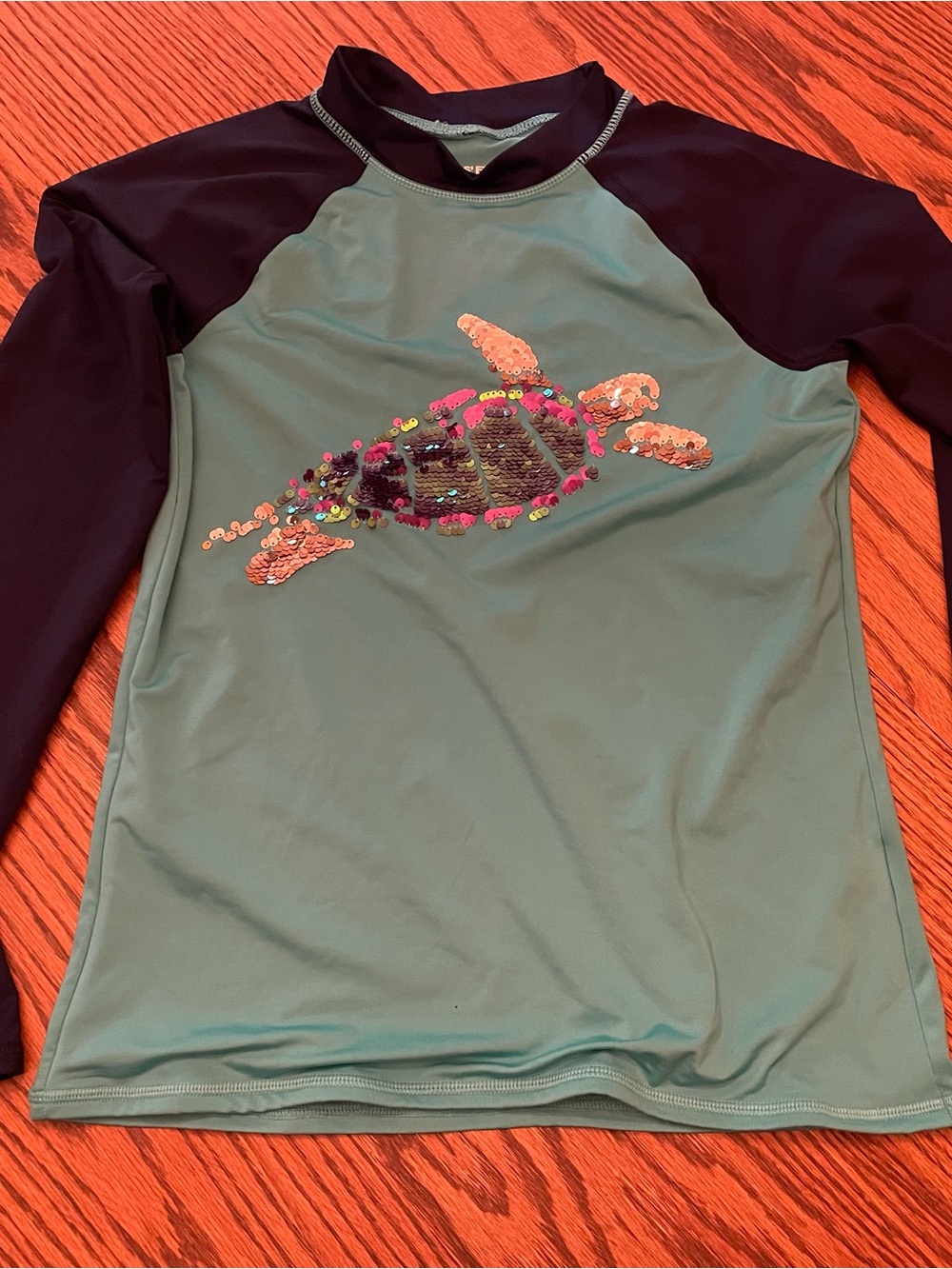 Lands End Girls' Sequin Turtle Rash Guard - Teal and Navy
